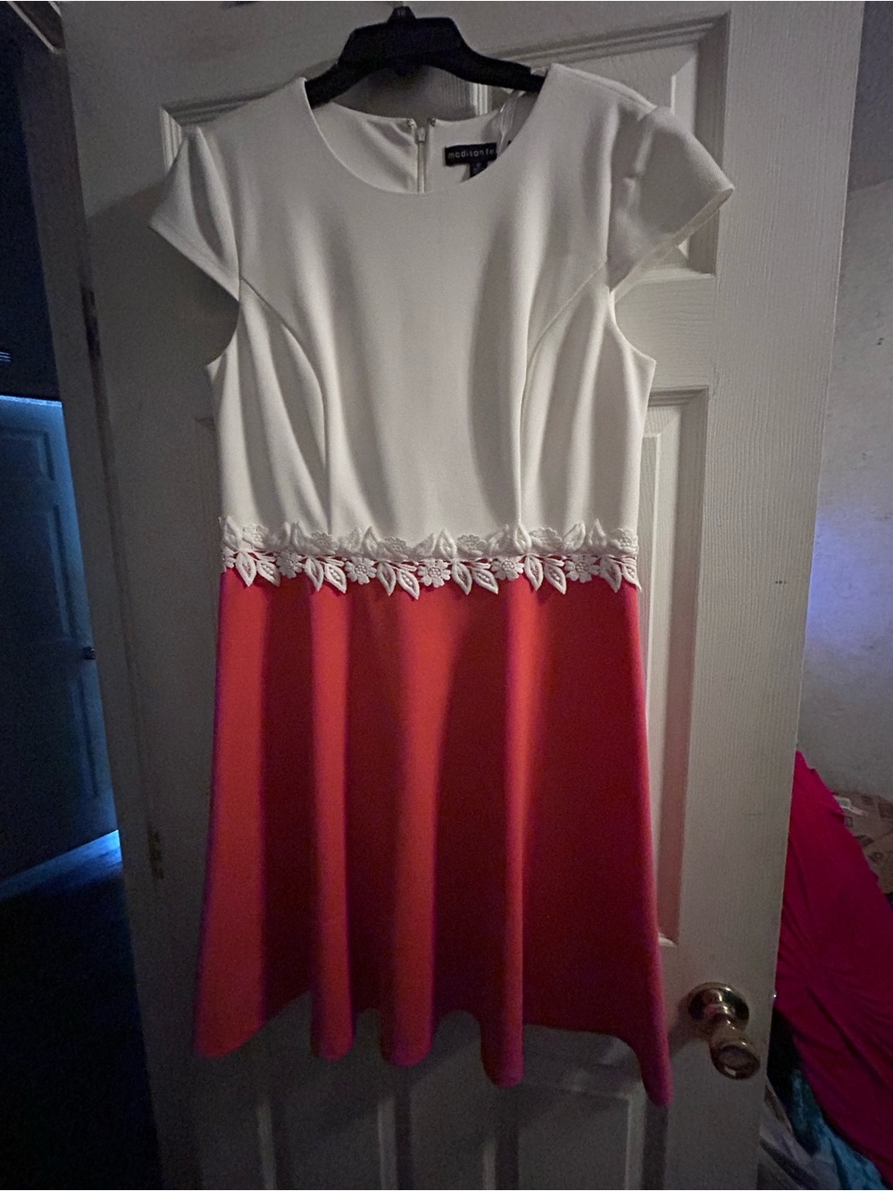 madison leigh White and Coral Fit & Flare Dress with Lace Waistband